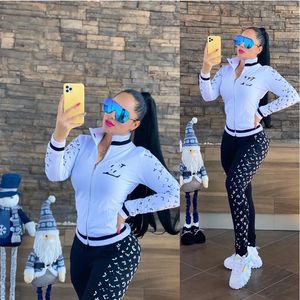 Designer Two Piece Pants White Sportswear Women's Casual Printed Jacket and Sweatpants Set Casual Outfits Free Ship