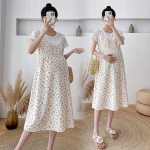 Maternidade Vestidos 2023 Moda de verão Floral Manga curta Falsa Dress TwoPiece para mulheres grávidas Roupas de gravidez 230425