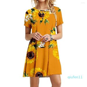 Festklänningar för kvinnor Elegant O-hals Floral Printing Dress Casual Loose Robe Kort ärm