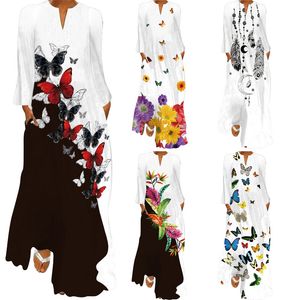 Women's Summer Dress Tropical Printing Maxi Dresses V Neck Long Sleeve Beach Casual Loose Long Split Dress