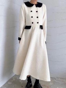 Повседневные платья, красивое женское платье трапециевидной формы с длинным рукавом контрастного цвета, двубортное твидовое платье 2023, осень-зима X477