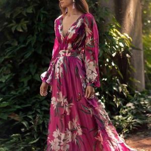 QNPQYX New Autumn Women Dresses Fashion Bohemian Floral Printed V Neck Long Sleeve Pleated Chiffon Dress Wholesale Free Ship Z4 Casual