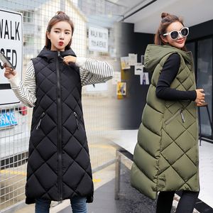Kadın yelek kolsuz yelek uzun aşağı ceket katı Kore kapüşonlu yastıklı gevşek kadın bayanlar moda gündelik kışlık ceket 230424
