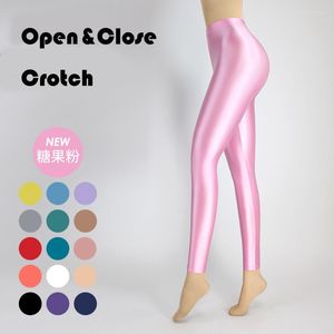 Women's Pants Glossy Open Crotch Sexy Satin Tight Leggings High Waist Plus Size Shiny Yoga Sport Sweatpants Trousers