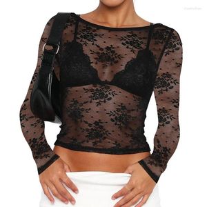 Women's T Shirts Women Lace T-shirts Sheer Crop Tops Spring Autumn Clothes Long Sleeve Open Back Floral Slim Going Out Sexy Club