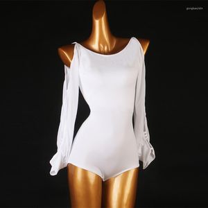 Scene Wear Women White Latin Dance Tops Långärmad Ballroom Tango Rumba Shirt Leotard Bodysuit