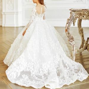 Abiti da ragazza Lussuoso abito a fiori bianchi per matrimonio Manica lunga Applique Tulle Puffy Lace Prom Party Kids Spettacolo Abito da prima comunione