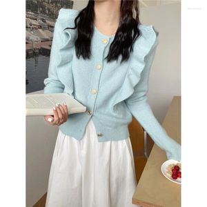 Kvinnors stickor Spring Autumn 2023 Outwear Soft Sweater Candy Color Ruffles Långärmad toppstickad Cardigan O-Neck Ruffled