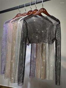 Koszule damskie Tossy Blowly Crystal Crop Tops For Women Fishnet puste na zewnątrz przycięty płaszcz wieczorny klub nocny luksusowy impreza