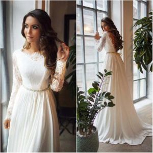 Gorgeous Wedding Dresses Bridl Gown Sclloped Neck Long Sleeves Chiffon A Line Lce Beded Custom Mde Sweep Trin Plus Size Country Bech Vestido De