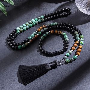 Hänghalsband 8mm afrikansk turkosa svart agat gul tiger ögonpärlor japamala halsband armband set meditation yoga smycken 108 mala radband 230425