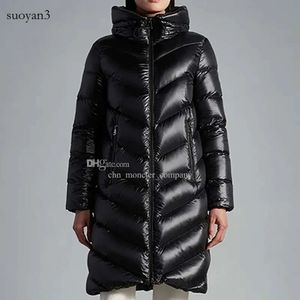 Jaqueta diagonal listrada longa feminina, jaqueta fashion com capuz, soprador de inverno, emblema de braço, jaqueta casual tamanho 1 a 4