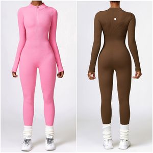 Lu Lu Lemens Jumpsuits Womens Yoga Outfits Long Sleeve Close-fitting Dance Sport Jumpsuit Long Pants Breathable Leggings Screw Thread Material Zipper