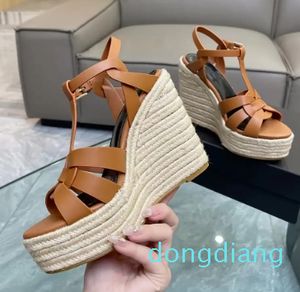 Woven Espadrille Sandals wedge high heels shoes Tribute leather espadrille sandals brand platform ankle strap flat luxury design