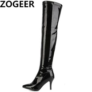 Botas coxa botas altas mulheres vermelho branco preto moda sobre o joelho botas patente sexy boate dança senhoras sapatos longos tamanho grande 48 231124