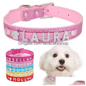 Köpek yakaları PU deri özel köpek yakaları Rhinestone ile kişiselleştirilmiş isim mektupları diamante mücevher mücevherler diy evcil hayvan etiketi clogo dhf8k