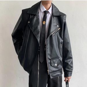 Men's Jackets Hight Street Men Leather Jacket Shoulder Pad Lapel Long Sleeve Zipper Loose Streetwear Male Premium Punk Motorcycle