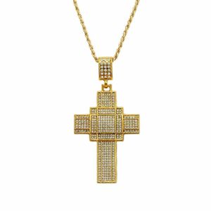 Hänghalsband hiphop cz stenbana bling ut multilay cross men smycken med 30 tum guldfärg twist chainpendantpenm till 