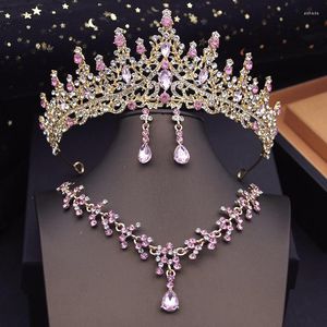 Colar Conjunto de Brincos Cores Rosa Tiaras de Noiva para Mulheres Gargantilha com Coroa Acessórios de Fantasia de Noiva de Casamento