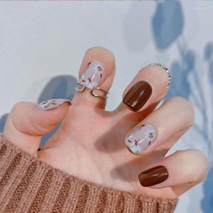 Nail Gel 24pcs White And Red Floral Wear Short Paragraph Fashion Manicure Patch False Nails Save Time Wearable