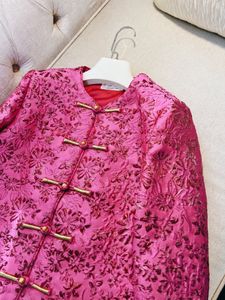 Autumn Fuchsia Floral Jacquard Panelled Jacket Long Sleeve Round Neck Buttons Single-Breasted Jackets Coat Short Outwear H3O111618