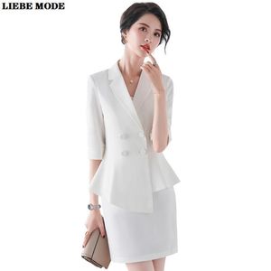 Abito a due pezzi Summer Woman Mezza manica Doppiopetto Giacca e minigonna Office Lady Formal Blazer irregolare Set 2 Gonne Abiti