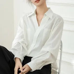 Kvinnors blusar Hösten Löst kontor Lady White Blue Woman Elegant Lantern Sleeve Shirt Women Casual Turn-Down Collar Button Shirts Blusa