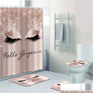 Chuveiro cortinas feminino rosa ouro cílios maquiagem cortina banho conjunto faísca gotejamento banheiro olho lash salão de beleza decoração de casa gota entrega gar dh0xr