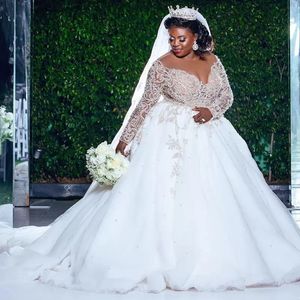 Plus Size A Line Abiti da sposa Abiti da sposa Gioiello Collo Manica lunga Perline Paillettes Perle Chiesa Abito da sposa Realizzato su misura