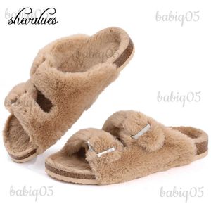 Slipare SheValues ​​Cork Footbed Plus For Women Winter Fur Furry Slippers Home Fluffy Slides With Arch Support Fuzzy Flip Flops T231125