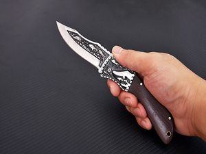 New A1920 Pocket Folding Knife 7Cr17Mov Satin Drop Point Blade Wood/Steel Head Handle Outdoor Camping Hiking Fishing EDC Knives with Nylon Bag