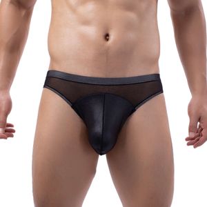 CLEVER MENMODE Men S Sexy PU Leather Mesh Splice Low Rise Bag Transparent Bikini Pants Gay