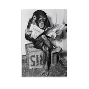 Panel Hanging Posters Vertical Chimpanzee Reading Newspaper Retro Poster Wall Art Canvas Doth Posters