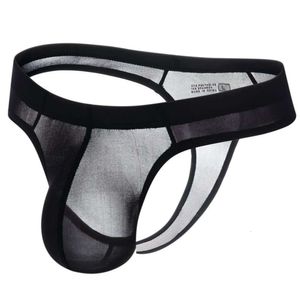 Tanga de seda sexy masculina ver através de lingerie erótica bulge bolsa roupa interior g string t volta calcinha biquíni