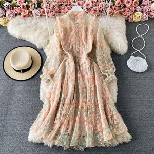 Casual Dresses 2023 Spring Chic Floral Embroidery Mesh Dress Women Button Large Hem Long Sleeve Lace Ladies Western Party Vestidos
