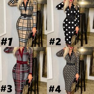 Mix 5 Styles Damen Casual Einteiliges Kleid Digitaldruck Plaid Kurzarm Langarm V-Ausschnitt Kleid mit hoher Taille (mit Gürtel)