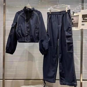Calças femininas de duas peças workwear denim terno de duas peças 2023 outono jaqueta de manga comprida com camisolas de cintura elástica