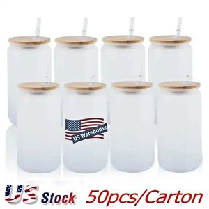 US STOCK 16oz Sublimation Glass Beer Mugs with Bamboo Lid Straw Tumblers DIY Blanks Frosted Clear Can Cups Heat Transfer Tail Iced Coffee 4.23