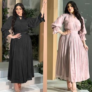 Etnik Giyim Kadınları Parlak İpek Saten Elbise Zarif Dubai Mütevazı Abaya Moda Müslüman Uzun Kollu Akşam İslami