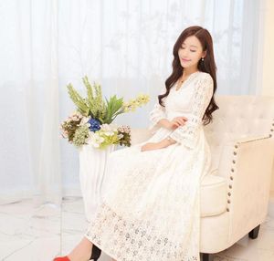 Повседневные платья платья летние стиль кружево V-образное вырезок Слим талия корейская версия праздника Женский белый пляж