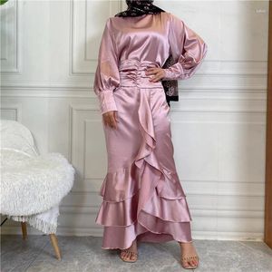 Ethnic Clothing 2 Piece Satin Muslim Woman Set Solid Color Balloon Sleeves Top Ruffles Front Tiered Skirt Dubai Islam Modesty Ramadan Eid