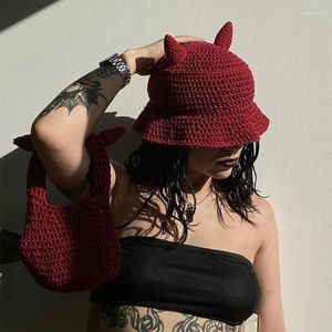 Berets Womens Knit Cylind Bucket Hat/Bag Outono Inverno Devil Horn Cap Fisherman