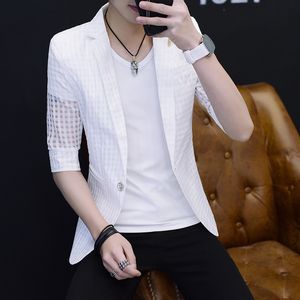 Hollow Black Plaid See Through Blazers Mens Sexy Slim Fit Mid-sleeve Small Jackets Summer Thin Korean Style Transparent Clothing
