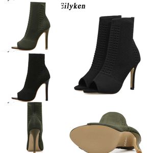 Ny vårdesign Ankelstövlar Kvinnor Peep Toe Stick Fabric Booties Sexig Cut-Out Stilettos High Heels Shoes 230306