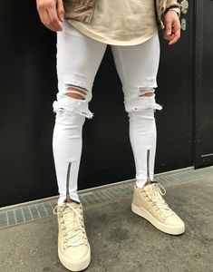 Mäns jeans mode vintage rippade 80 -talets super skinniga smala fit blixtlås denim byxa förstörde frayed stil bomullsspantsmän