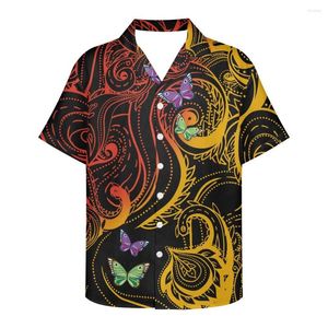 Erkekler Sıradan Gömlek Yaz Hawaiian Gold Tribal 3D Baskı Polinezya Erkekler Plaj Kısa Kollu Bluz Moda Erkekler Mesleği Yakası Camisa