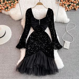Casual Dresses 2023 Fashion Women Bling Black White Mermaid Evening Mesh Patchwork Dress Luxury Formal For Wedding Party