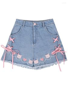 Damen Shorts 2023 90er Jahre Harajuku Lolita Style Denim Girly Sweet Cute Cartoon Piggy Stickerei Bow Bandage Short Pants Women Kawaii Jeans