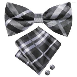 Bow Ties Hi-Tie Gri Gri Ekose Erkek Kravat Hankerchief Cufflink Ön bağlı ipek Kelebek Knot Bowtie Erkek İş Partisi Toptan