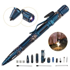 Füllfederhalter 7-in-1 Outdoor EDC Multifunktions-Selbstverteidigungs-Taktikstift mit Notfall-LED-Lichtpfeife Glasbrecher Outdoor Survival 231124